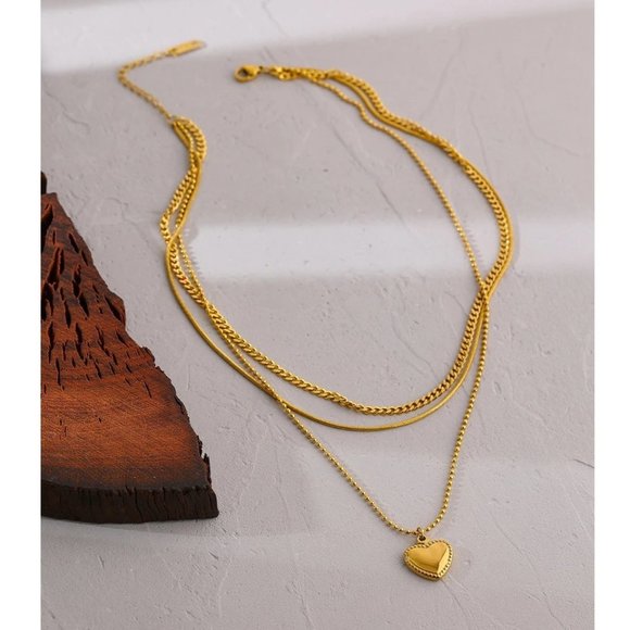 NEW 18K Gold Plated Link Chain Triple Layer Heart Necklace - Picture 2 of 7